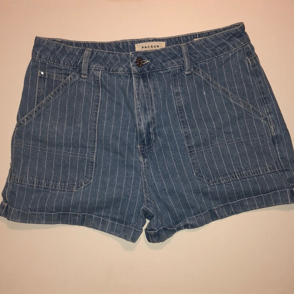 blue and white striped mom shorts